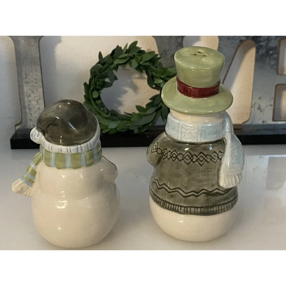 Snowman Salt Pepper Shaker with Caddy 3 pc Set 5.5